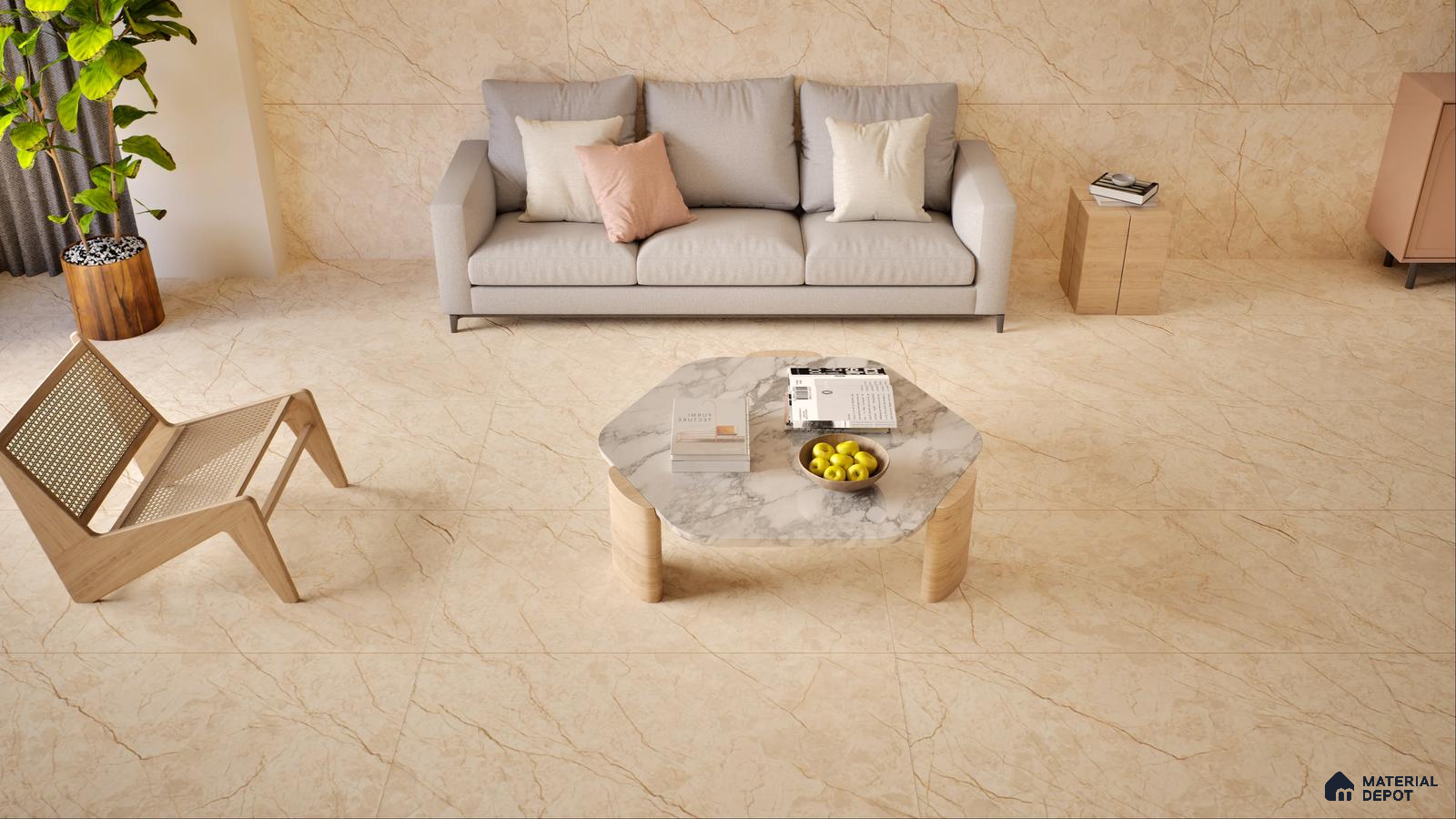 Elegant Beige Living Room with Marble Coffee Table | Material Depot