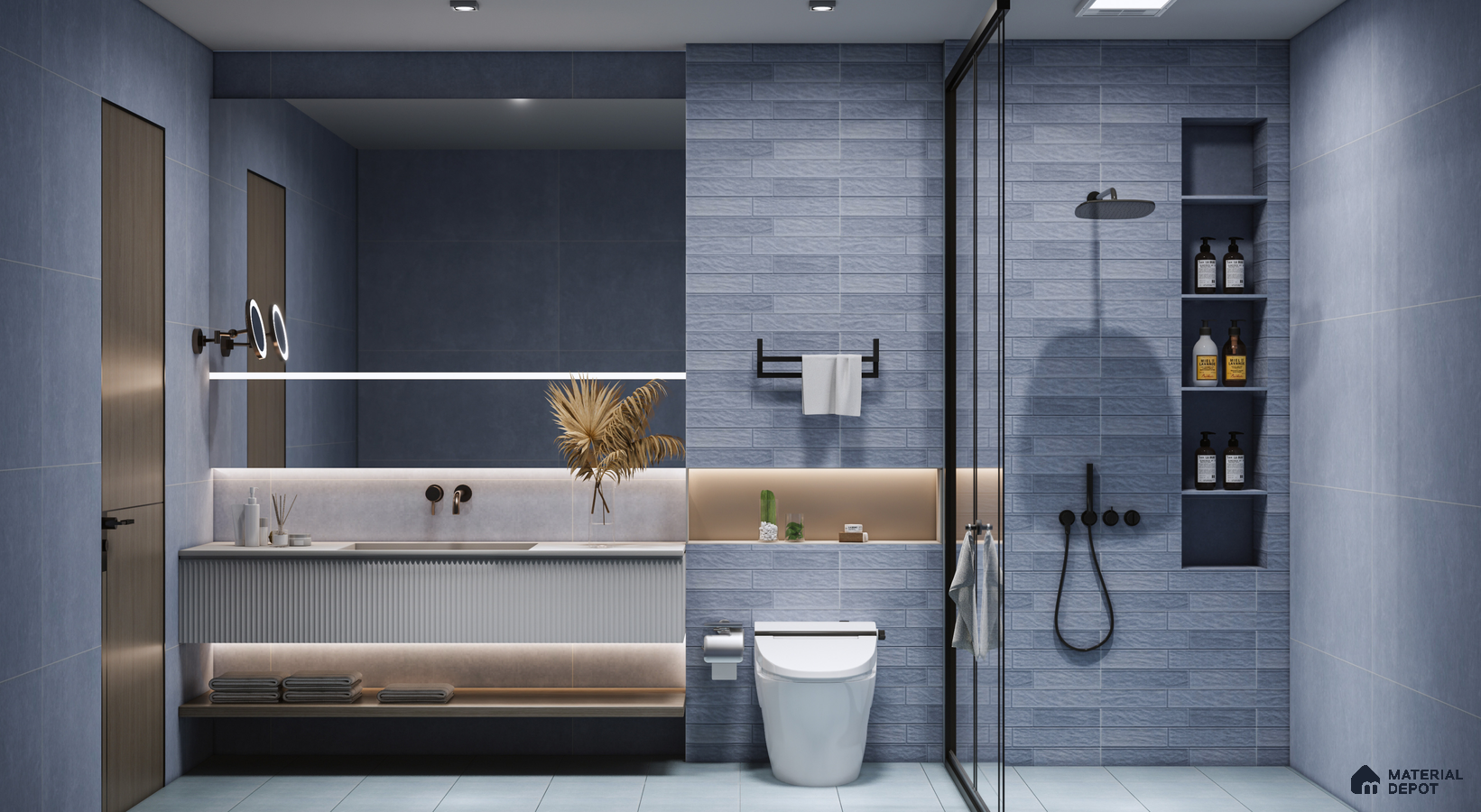Elegant Blue Bathroom with Brick-Style Wall Tiles | Material Depot