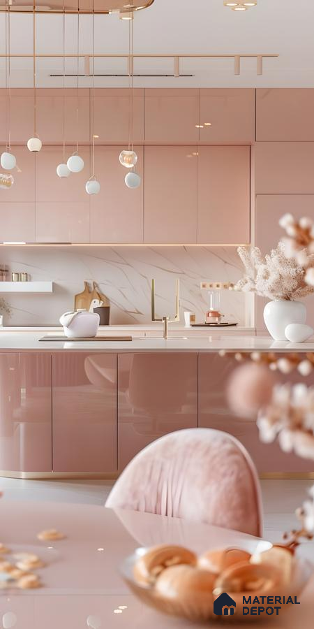 Elegant Blush Pink Modular Kitchen With Gold Accents And Gloss Finish | Material Depot