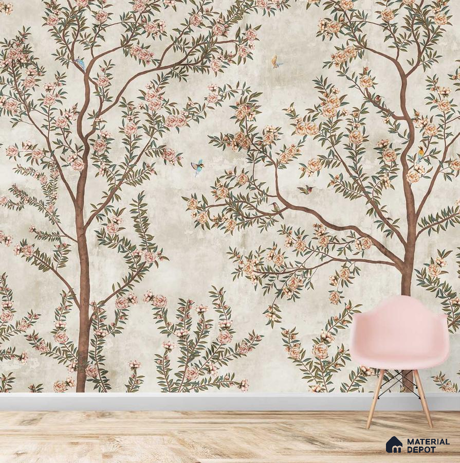 A close-up of a Chinoiserie Pattern Wallpaper for Walls, Customised Indrani Series Soft Feel Tropical Design (Customised Size Wallpaper )available at Material Depot in Bangalore