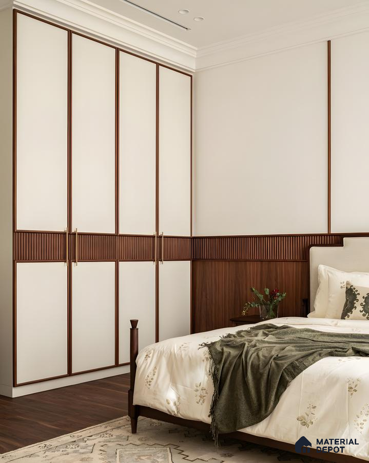 Elegant Classic Bedroom Wardrobe With Fluted Wood Detailing And Off-White Pu Shutters In A Warm Neutral Palette | Material Depot