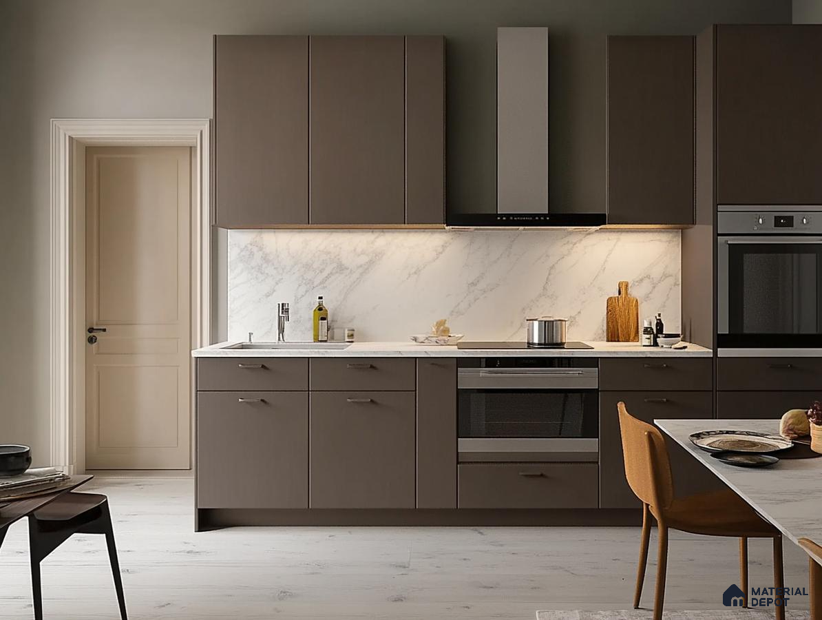 Elegant Contemporary Kitchen with Gray Cabinets and Marble Accents | Material Depot