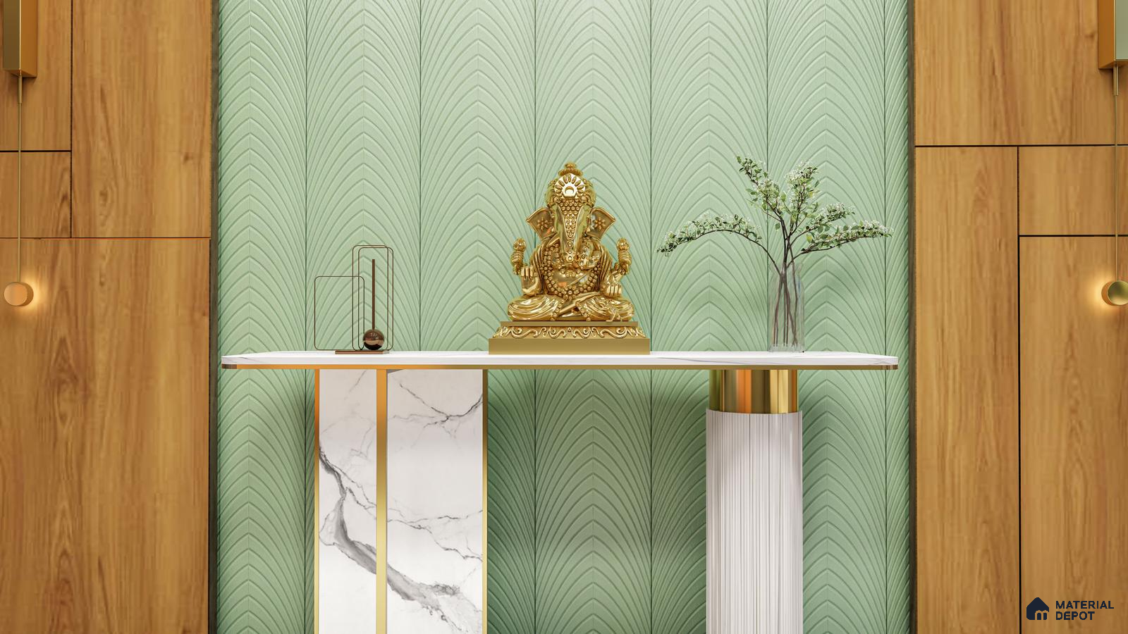 Elegant Foyer with Leaf-Patterned Pastel Panels and Ganesh Idol Display | Material Depot