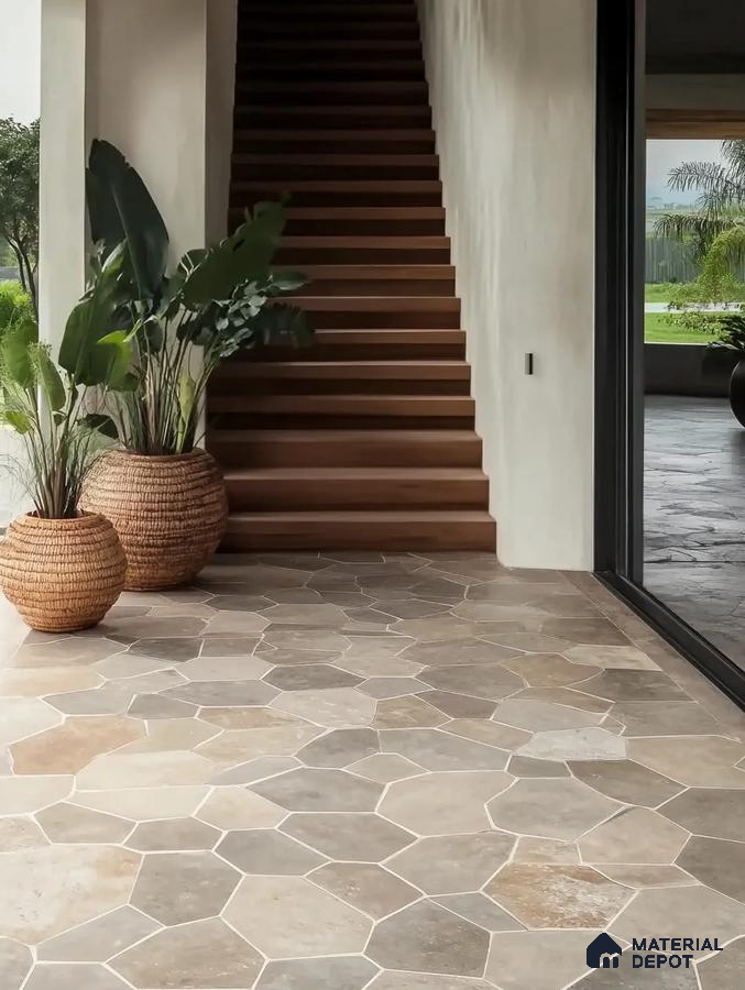 Elegant Foyer with Neutral Hexagonal Stone Tiles and Wooden Staircase | Material Depot