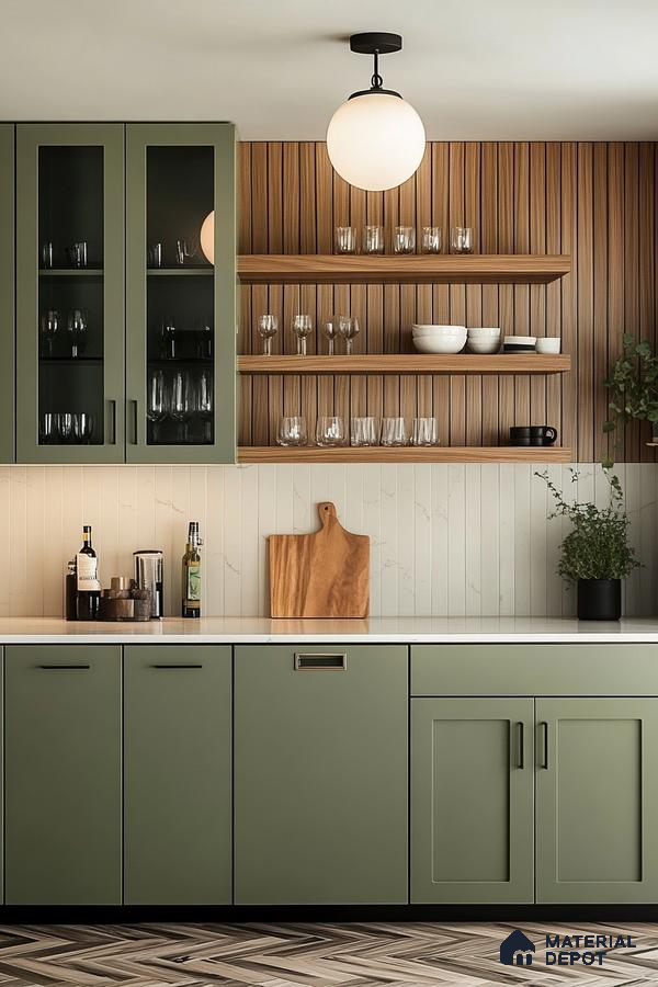 Elegant Green Kitchen with Natural Wood Accents and Modern Fixtures | Material Depot