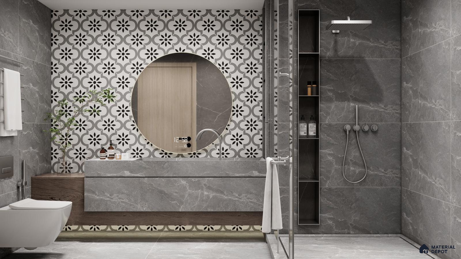 Elegant Grey Marble Bathroom with Black and White Moroccan Pattern Tiles | Material Depot