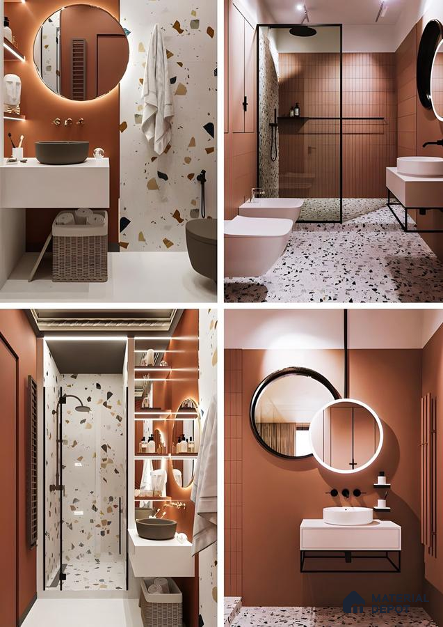Elegant Harmony of Coral and Neutral Tones in Diverse Bathroom Styles | Material Depot