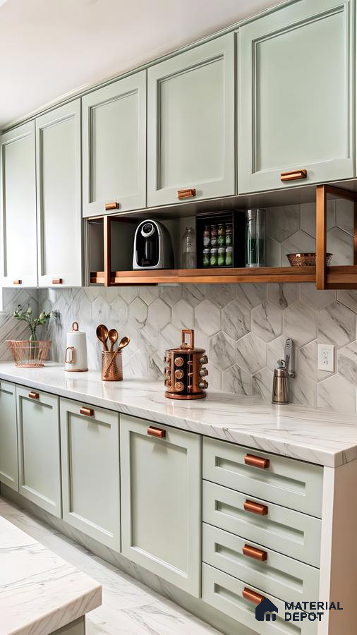 Elegant Kitchen Design Featuring Mint Green Cabinets, Marble Countertops, and Stylish Copper Accents | Material Depot