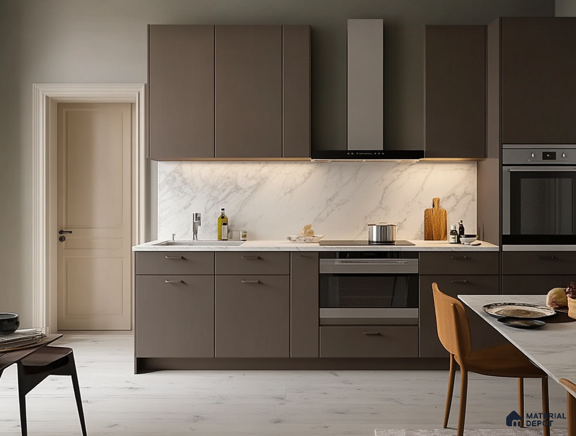 Sleek Modern Kitchen with High-Gloss Black Cabinets and Integrated Appliances | Material Depot