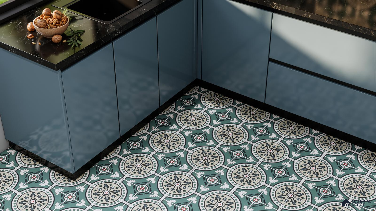 Elegant Kitchen with Green Moroccan Patterned Floor Tiles | Material Depot