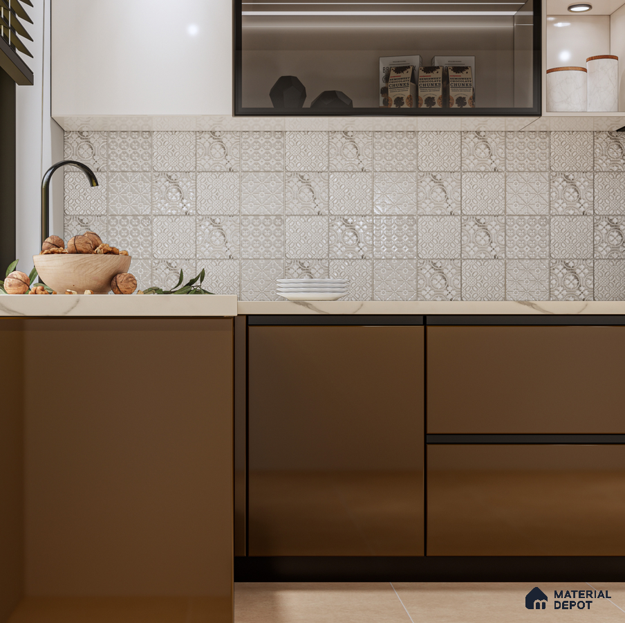 Elegant Kitchen with Handcrafted Highlighter Tiles and Warm Brown Cabinets | Material Depot