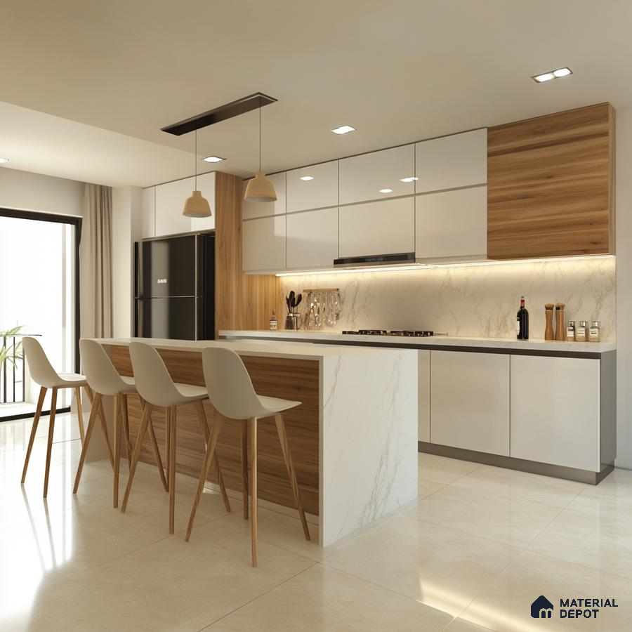 Elegant Kitchen with Marble Island, Warm Wooden Accents, and Bright Neutral Finishes | Material Depot