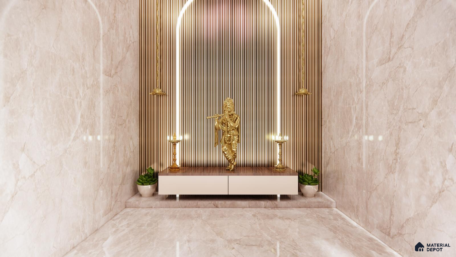 Elegant Krishna Mandir with Arched Fluted Panel and Marble Walls | Material Depot