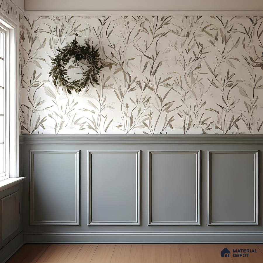 Elegant Leafy Wallpaper With Classic Wainscoting In A Cozy Corner | Material Depot
