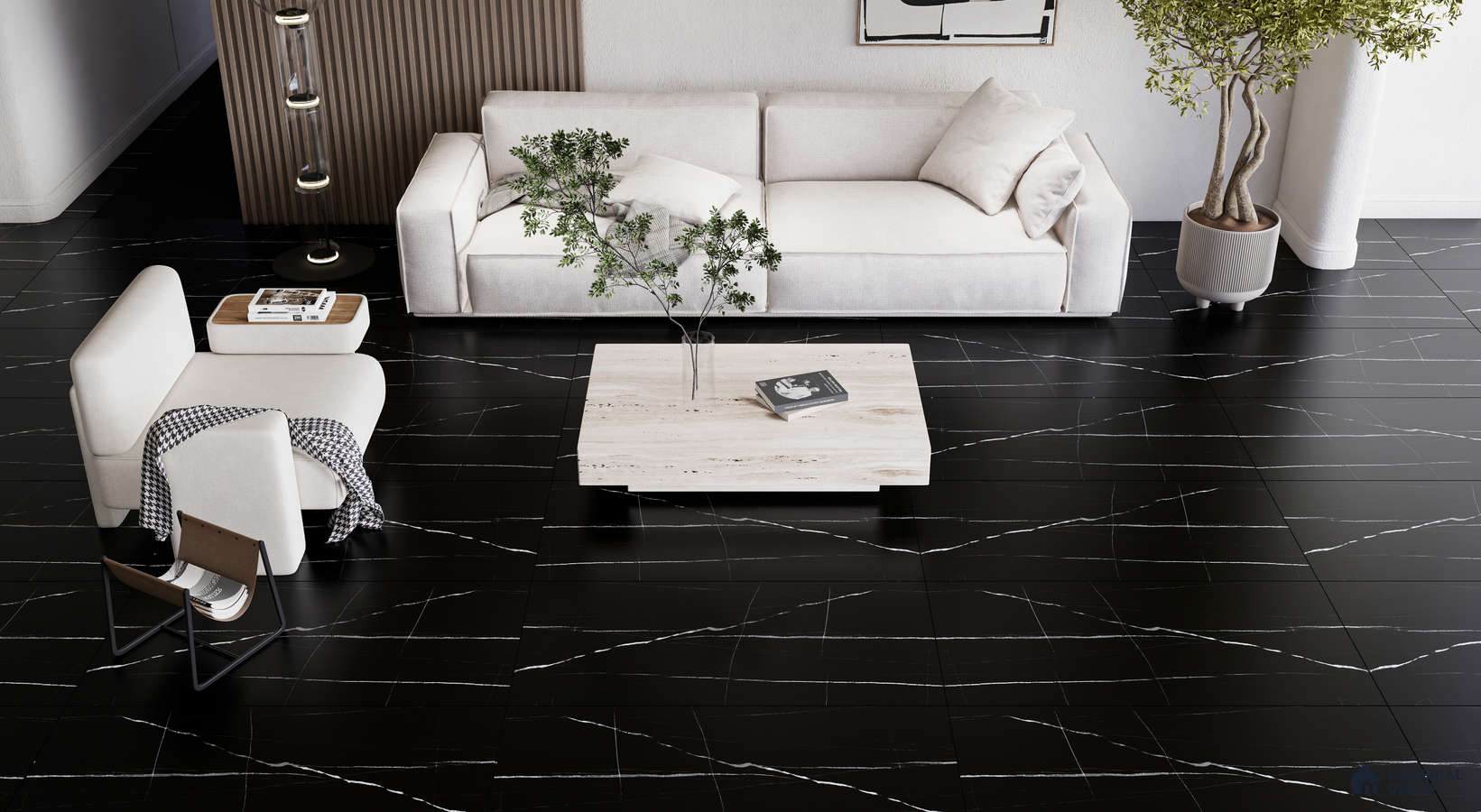 Elegant Living Room with Black Marble Flooring and Neutral Decor | Material Depot