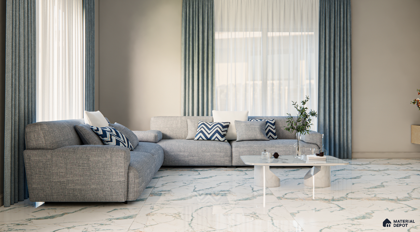 Elegant Living Room with Blue Accents and Marble Flooring | Material Depot