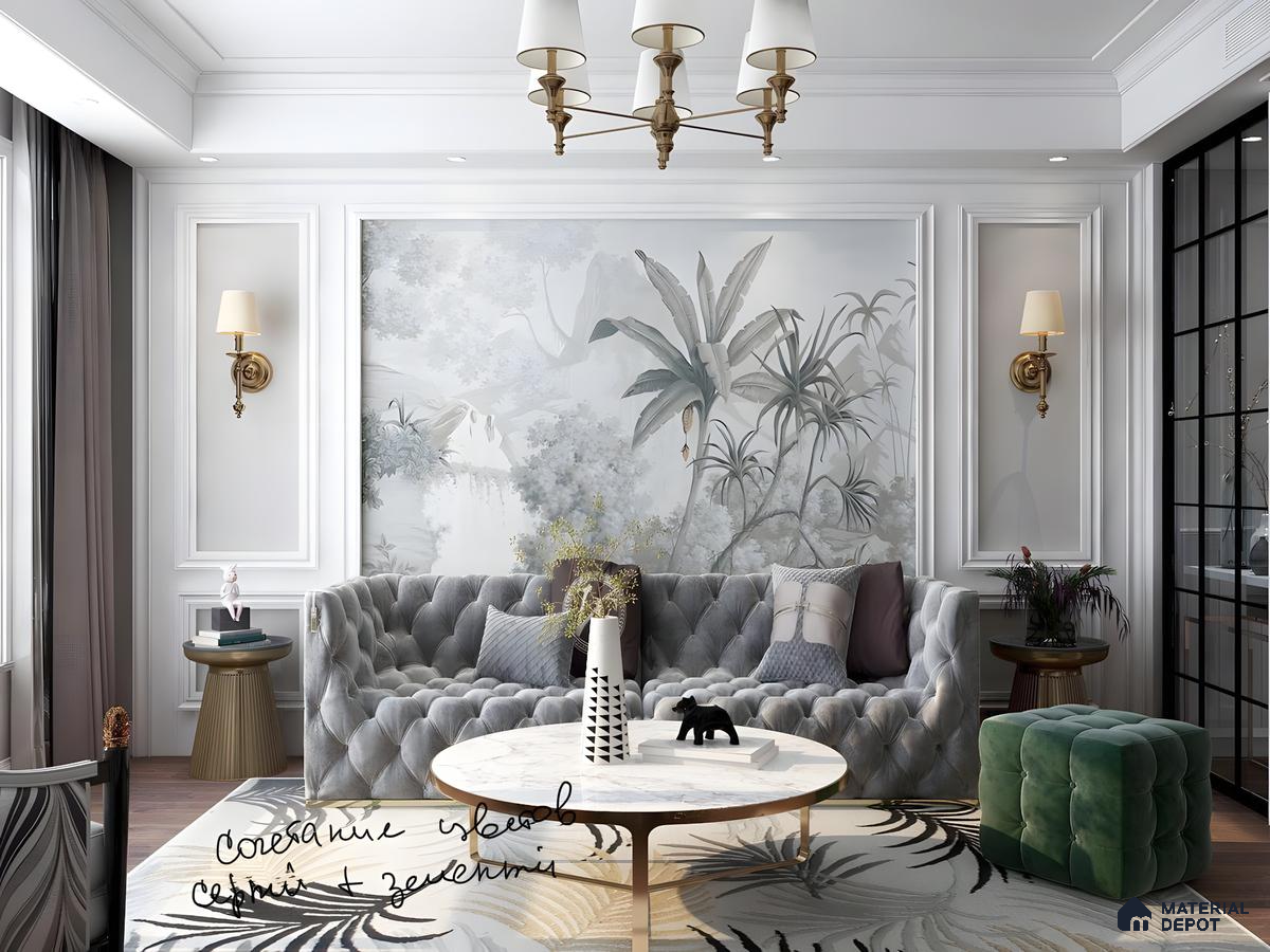 Elegant Living Room With Botanical Wall Mural And Tufted Sofas | Material Depot