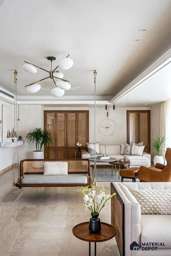 Elegant Living Room with Golden Accents and Natural Lighting | Material Depot