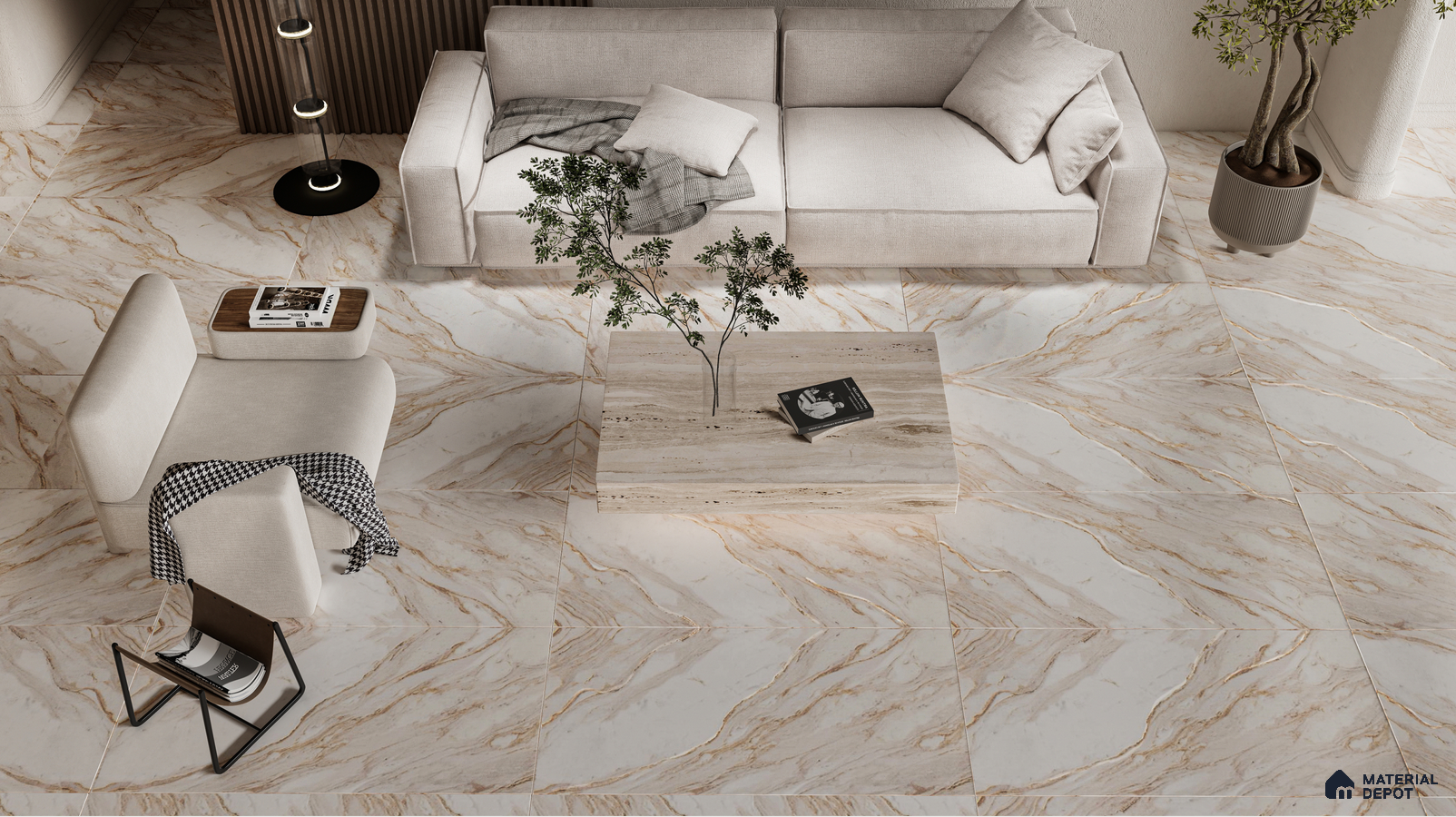 Elegant Living Room with Golden Vein Marble Tiles | Material Depot