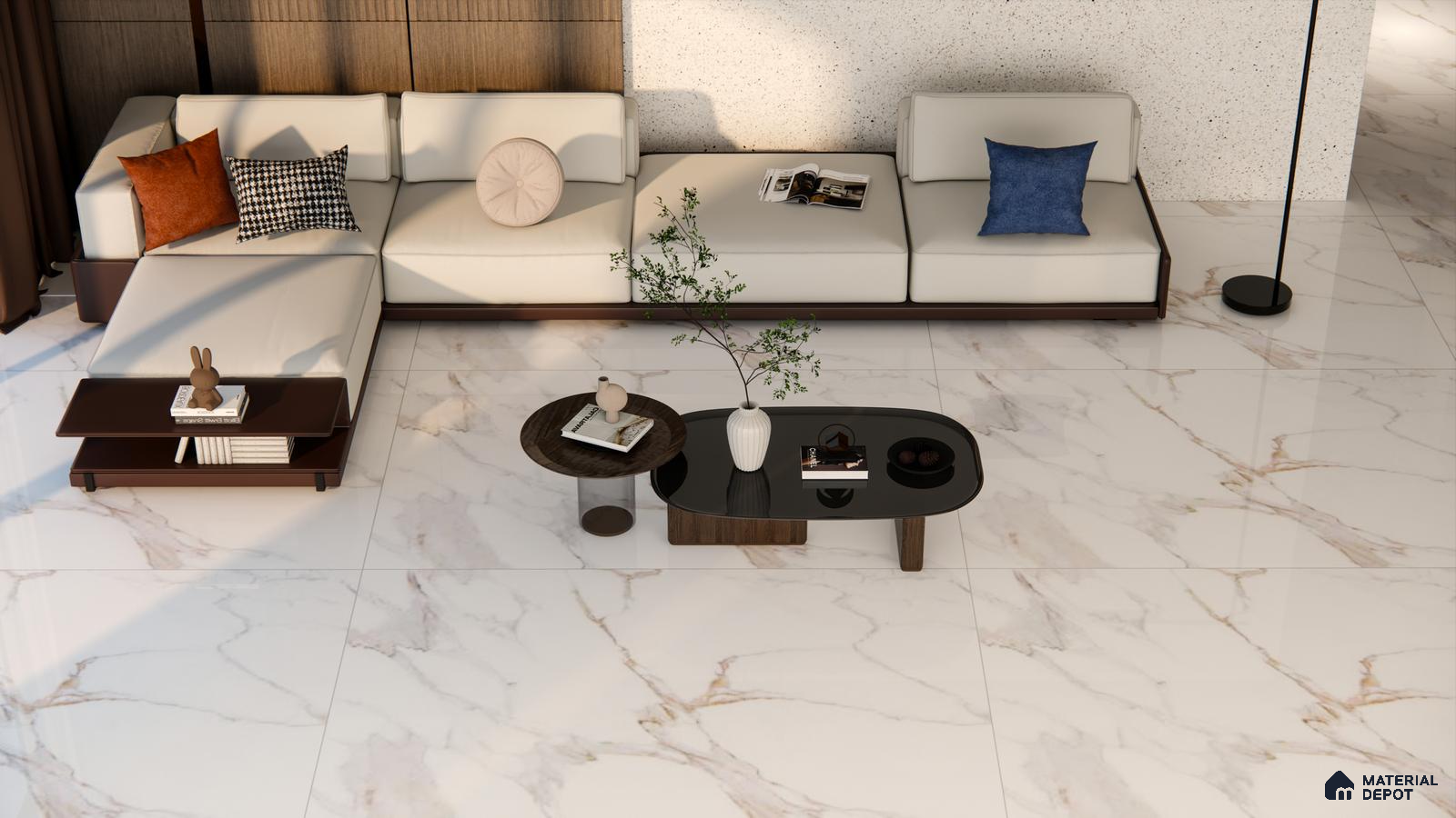 Elegant Living Room with High Gloss White Marble Look Tiles | Material Depot