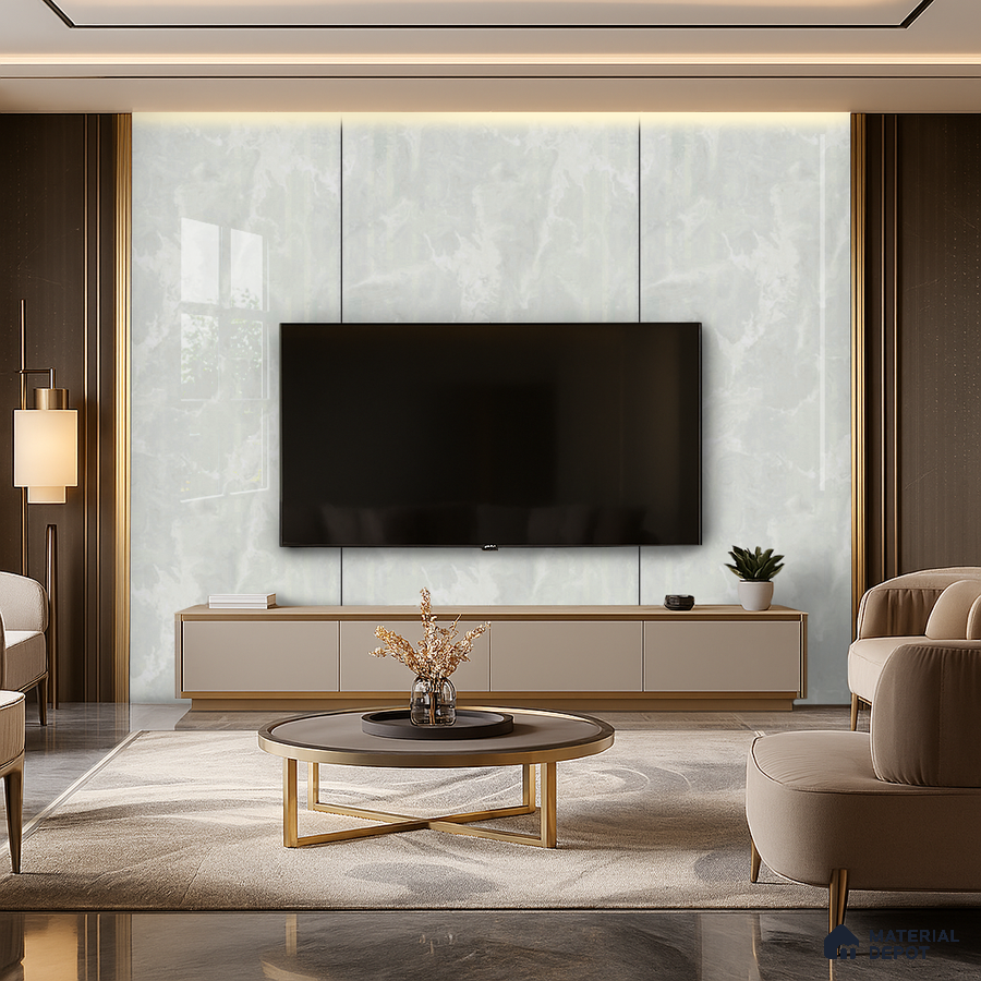 Contemporary Living Room with Checkered Beige Stone-Look Laminate TV Wall and Wooden Study Unit | Material Depot