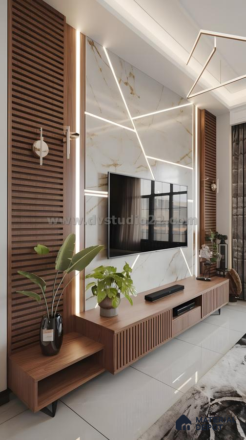 Elegant Living Room With Marble & Wood Fluted Tv Wall Panel | Material Depot