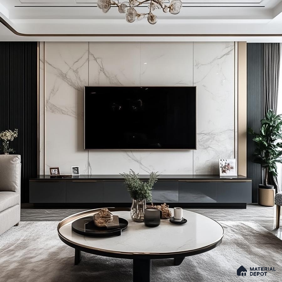 Elegant Living Room with Marble Feature Wall and Gold Accents | Material Depot