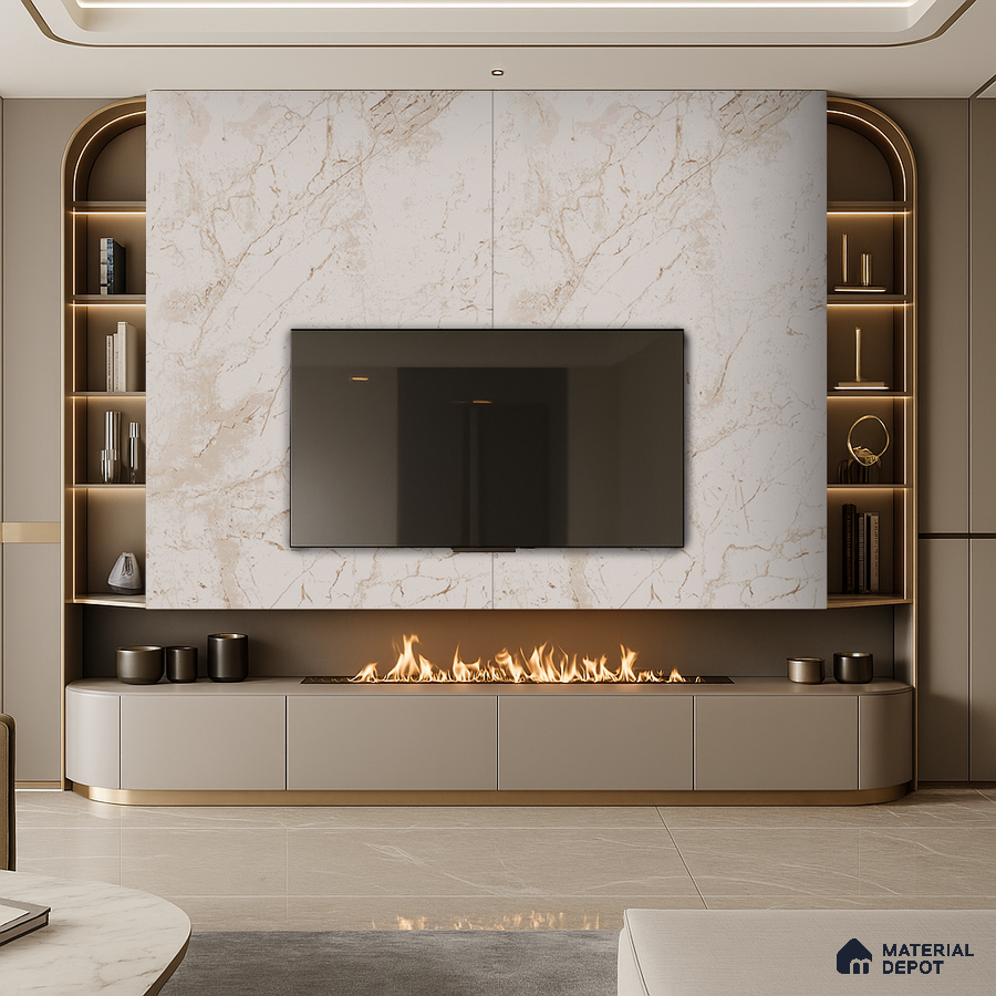 Contemporary Living Room with Grey Marble TV Wall and Built-in Study | Material Depot