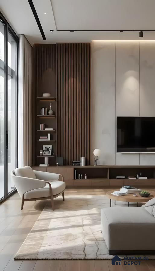 Elegant Living Room With Marble Tv Wall And Fluted Wood Bookshelf Accent | Material Depot