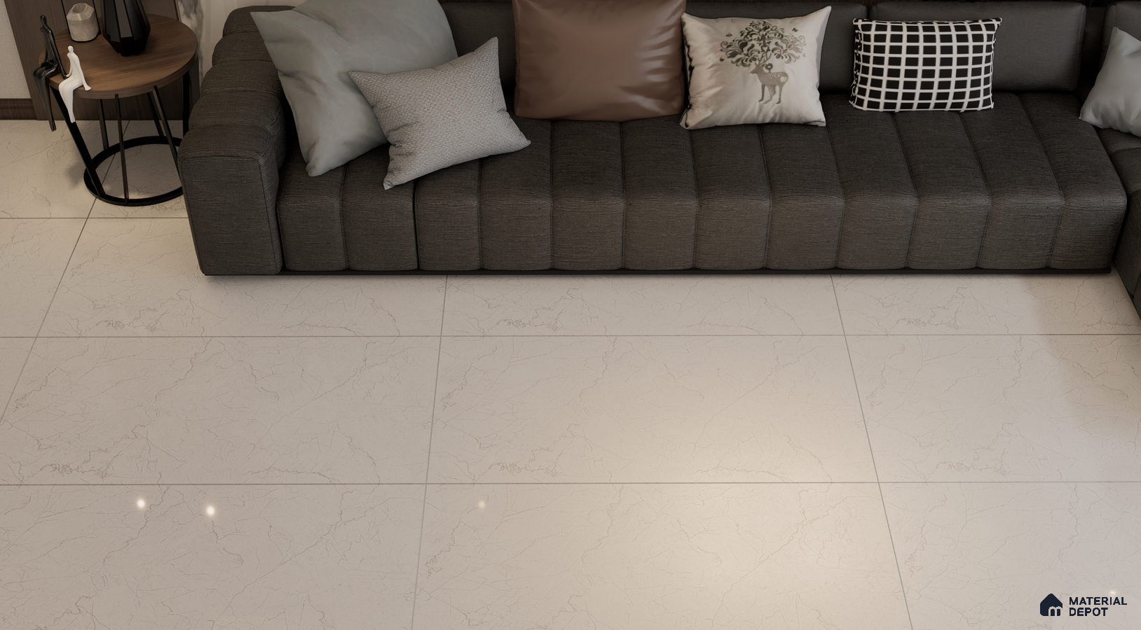 Elegant Living Room with Subtle Veined Marble Flooring and a Cozy Grey Sofa | Material Depot