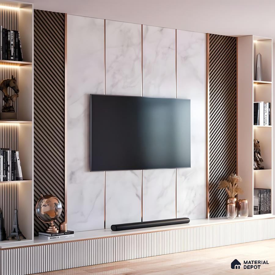 Elegant Marble And Fluted Panel Tv Wall With Rose Gold Accents | Material Depot