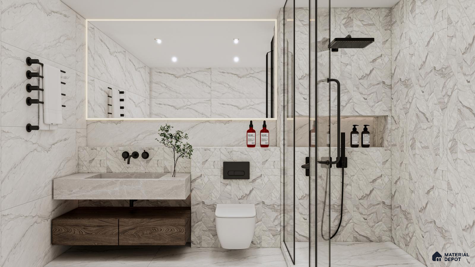 Elegant Marble Bathroom with Geometric Accent Walls | Material Depot