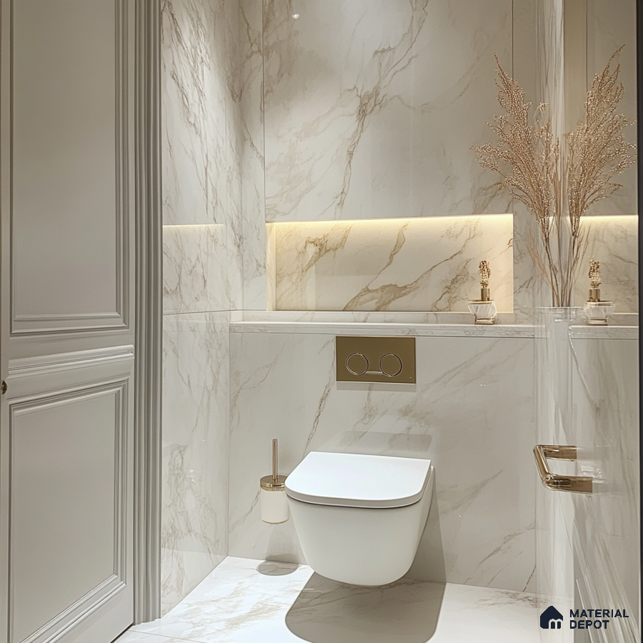 Elegant Marble-Clad Powder Room with Soft Ambient Lighting | Material Depot