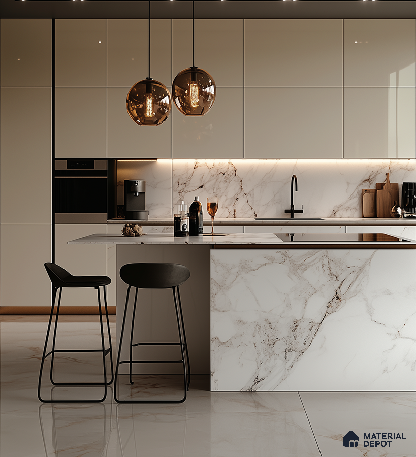 Elegant Marble-Themed Kitchen with Glossy Cabinets and Pendant Lighting | Material Depot