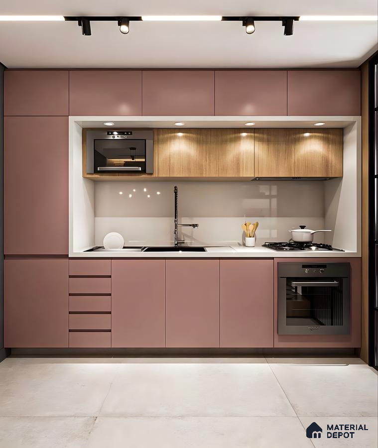 Elegant Matte Pink And Wood Kitchen | Material Depot