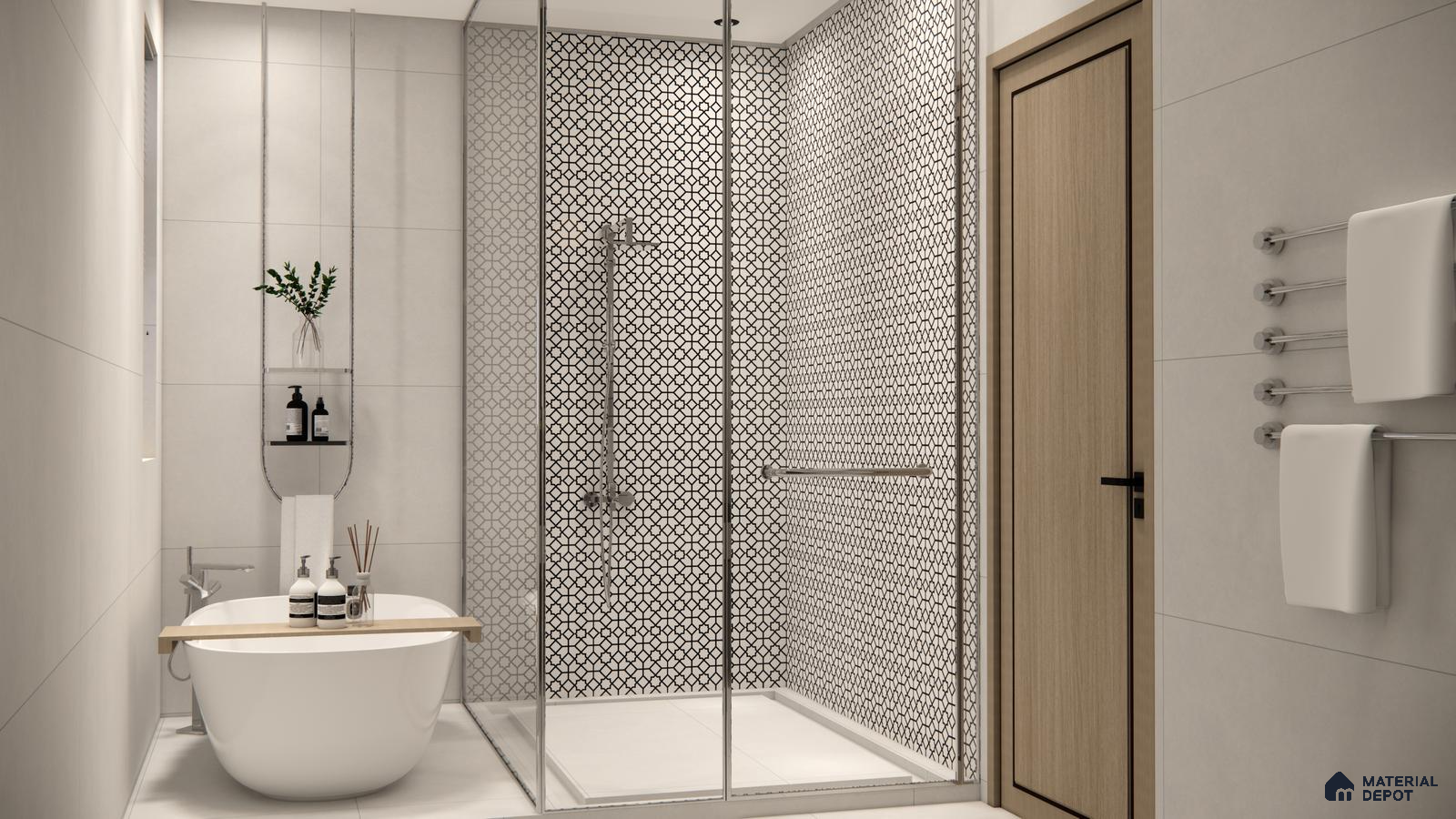 Elegant Minimalist Bathroom with Black & White Geometric Shower Wall | Material Depot