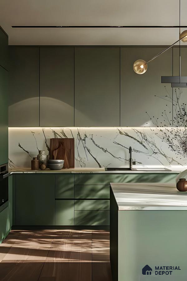 Elegant Minimalist Kitchen in Soft Sage and Natural Wood | Material Depot