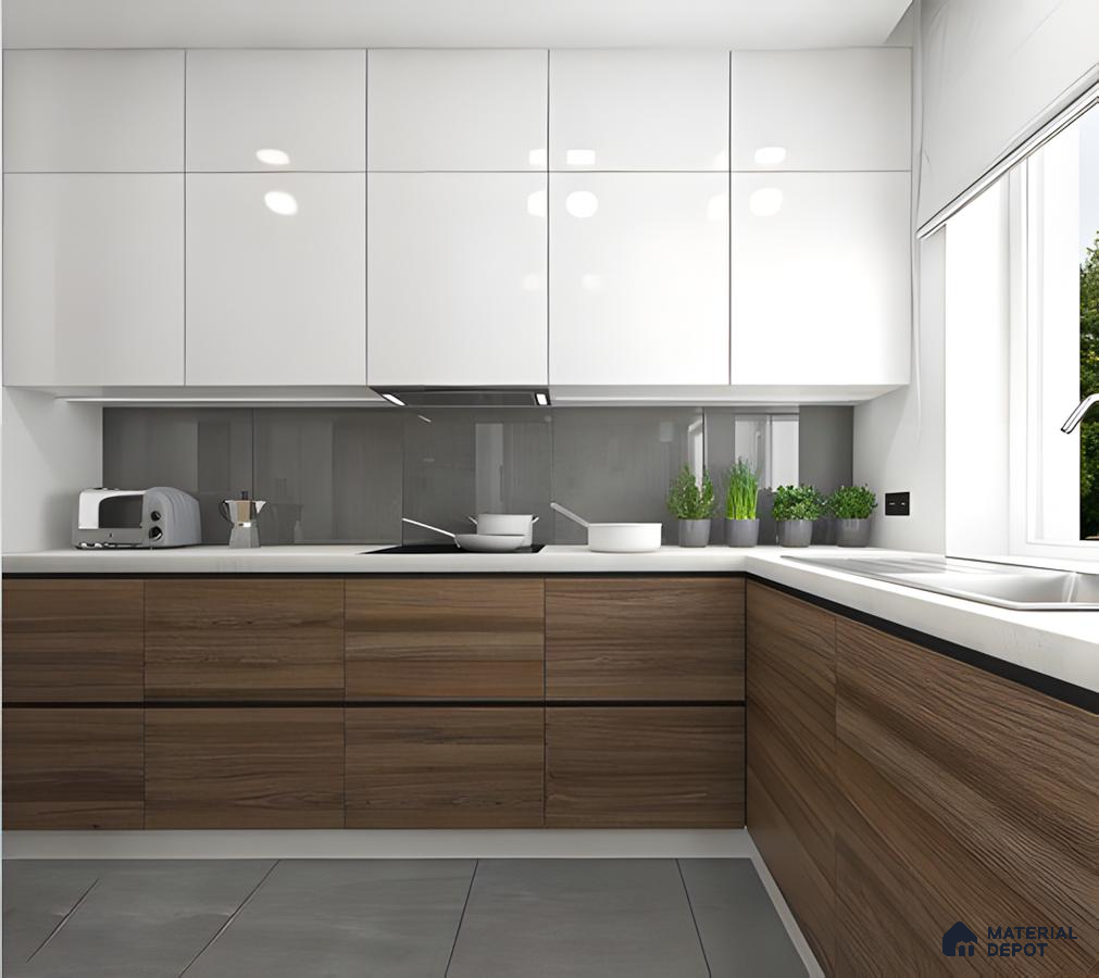 Elegant Minimalist Kitchen With White Glossy And Wooden Textured Laminates | Material Depot