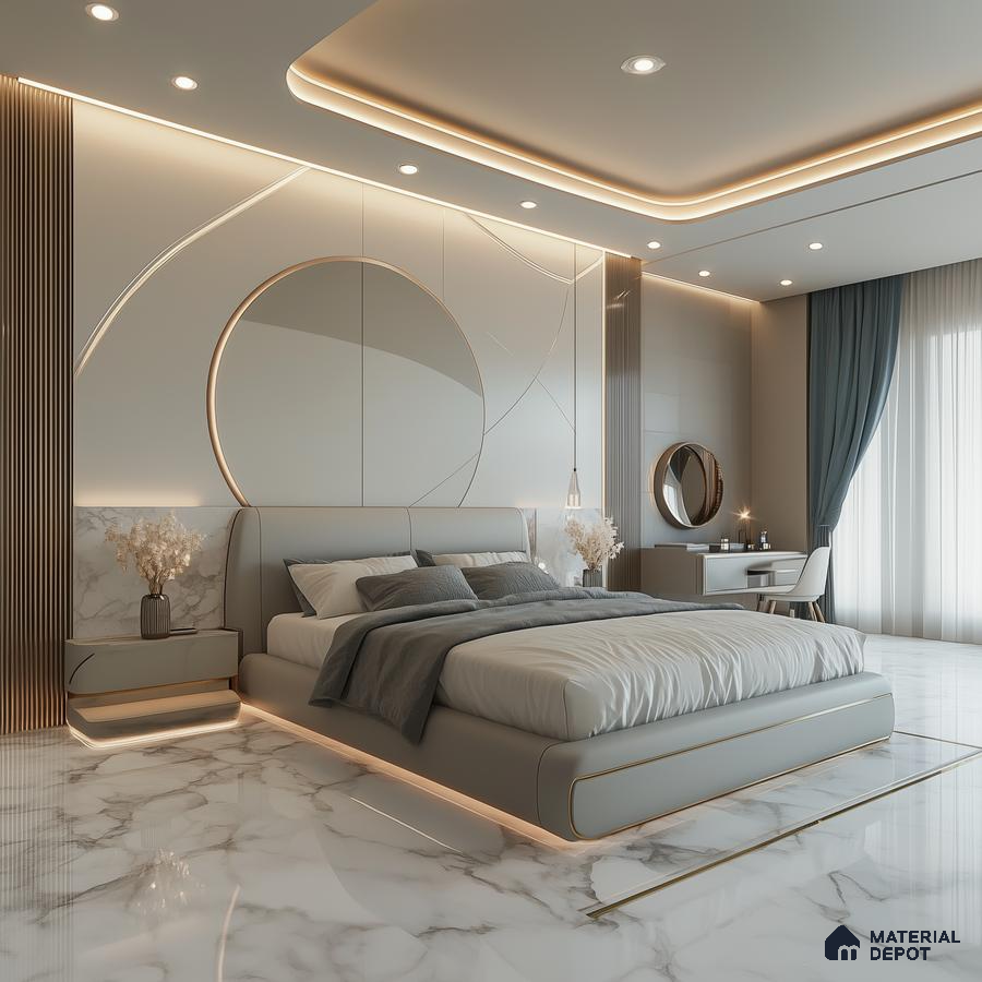 Elegant Modern Bedroom Design with Circular Design Elements and Marble Floors Godrej Ananda Bagalur Aerospace Park | Material Depot