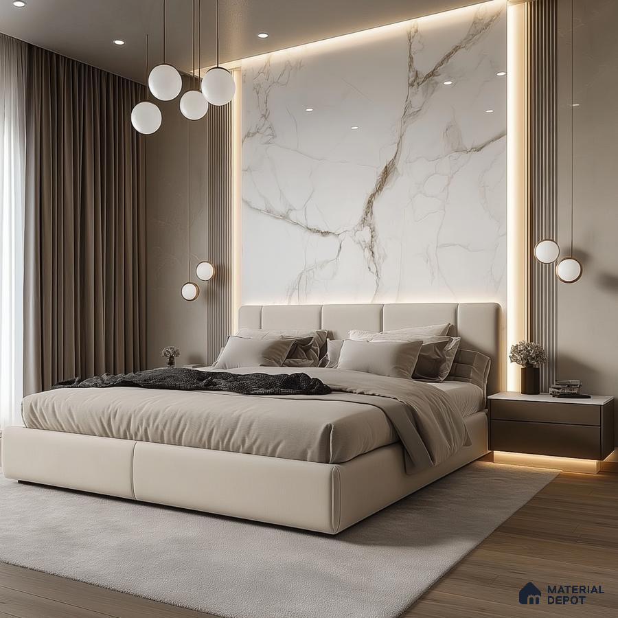 Elegant Modern Bedroom Design with Marble Feature Wall and Pendant Lighting Mana Dale Sarjapur Road | Material Depot