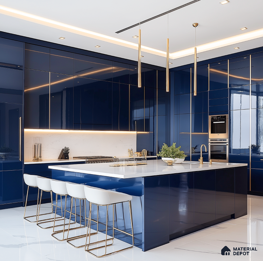 Elegant Navy Blue Glossy Solid Laminate Kitchen with Marble Countertop | Material Depot