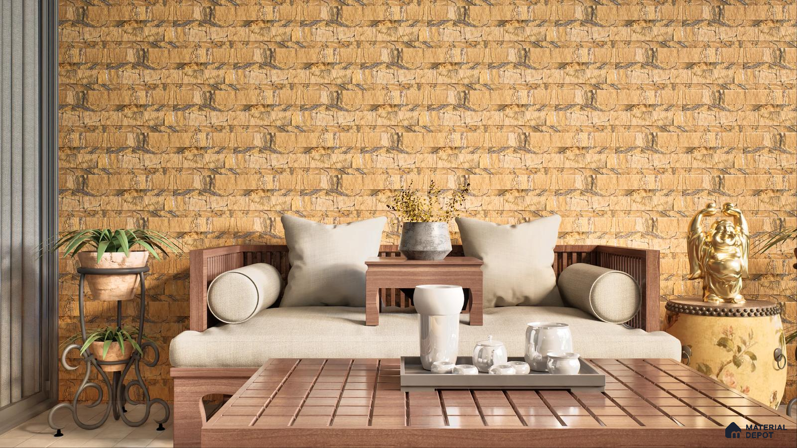Elegant Outdoor Seating with Handcrafted Yellow Stone Wall | Material Depot