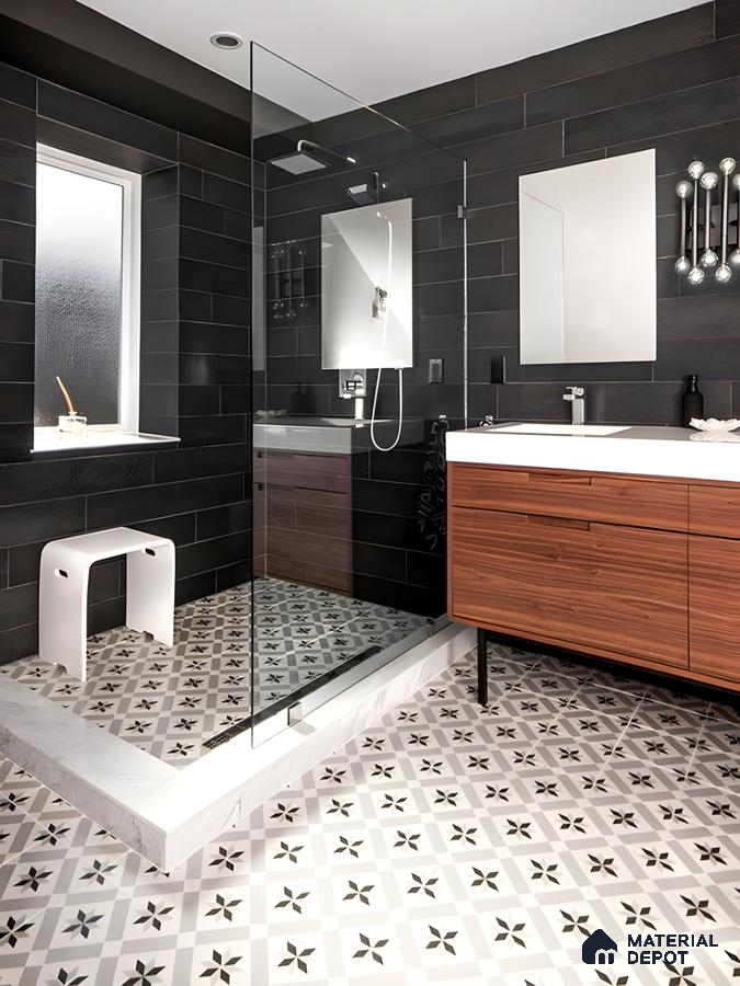Elegant Patterned Floor Tiles with Sleek Dark Wall Tiles | Material Depot