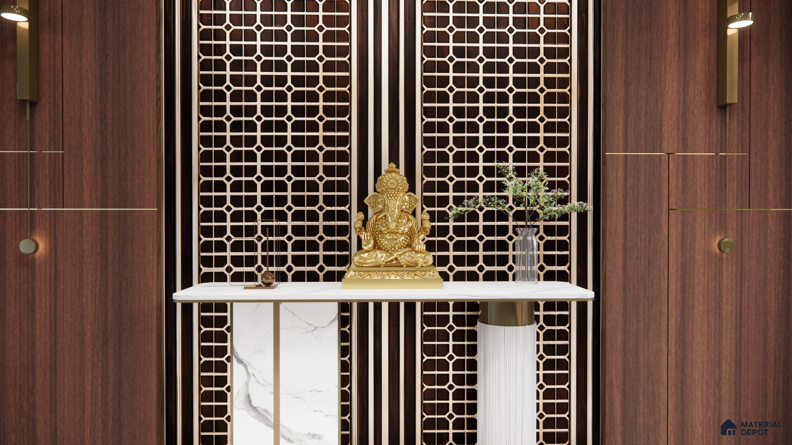 Elegant Pooja Room with Gold Ganesha Idol and Modern Wooden Accents | Material Depot