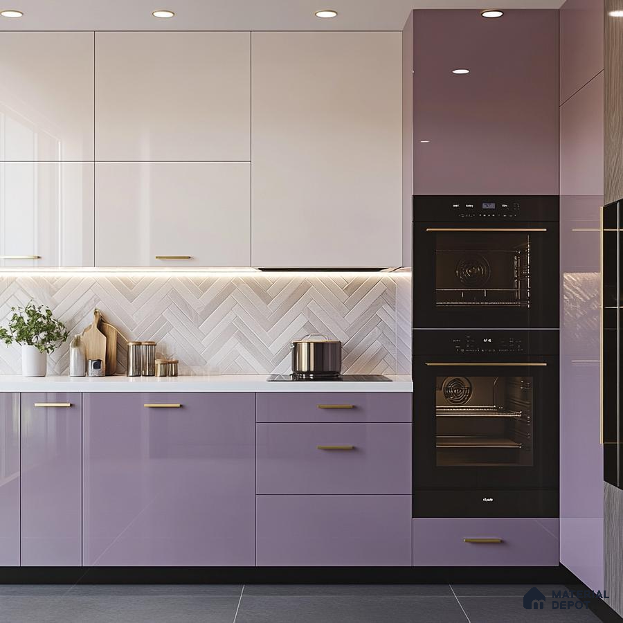 Elegant Purple and White Kitchen with Herringbone Tile Backsplash | Material Depot