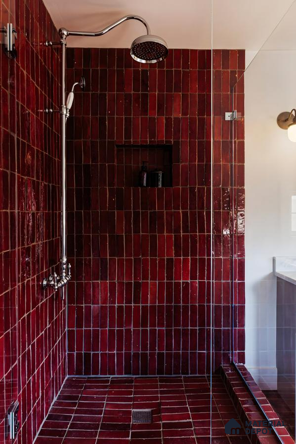 Elegant Shower with Burgundy Subway Tiles and Modern Fixtures | Material Depot