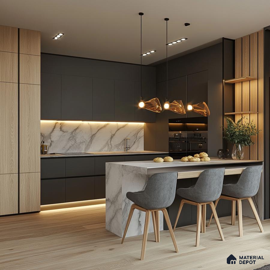 Elegant Simplicity Meets Modern Luxury in Spacious Kitchen and Dining Design | Material Depot