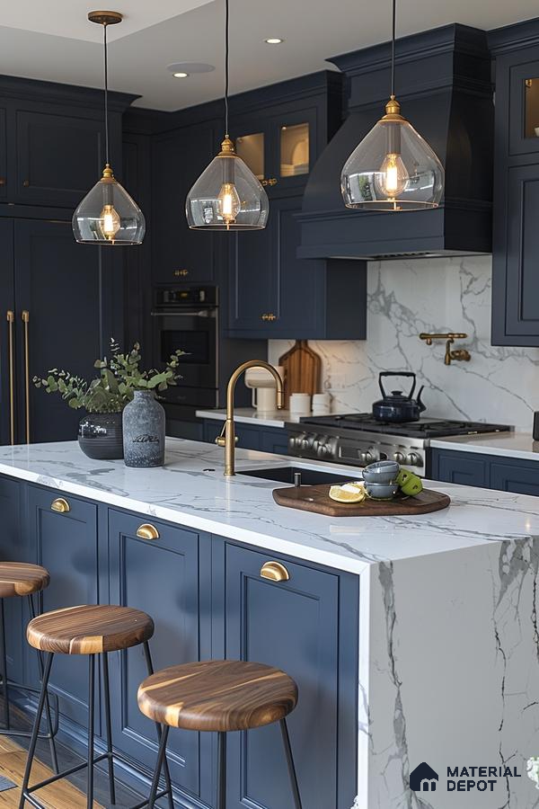 Elegant Simplicity: Modern Kitchen with Dark Blue Cabinetry | Material Depot