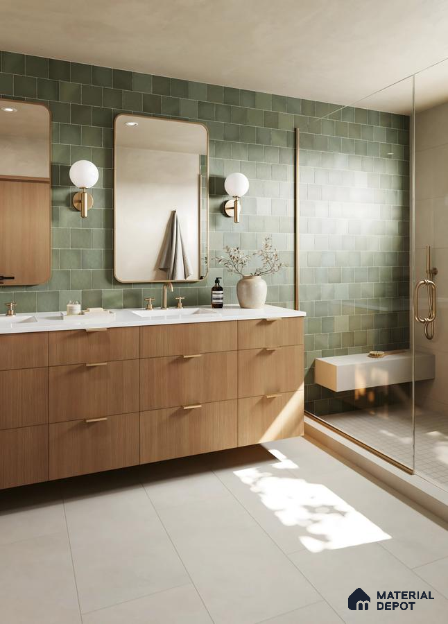 Elegant Transitional Bathroom Design with Warm Wood Cabinets Prestige Elm Park Whitefield | Material Depot
