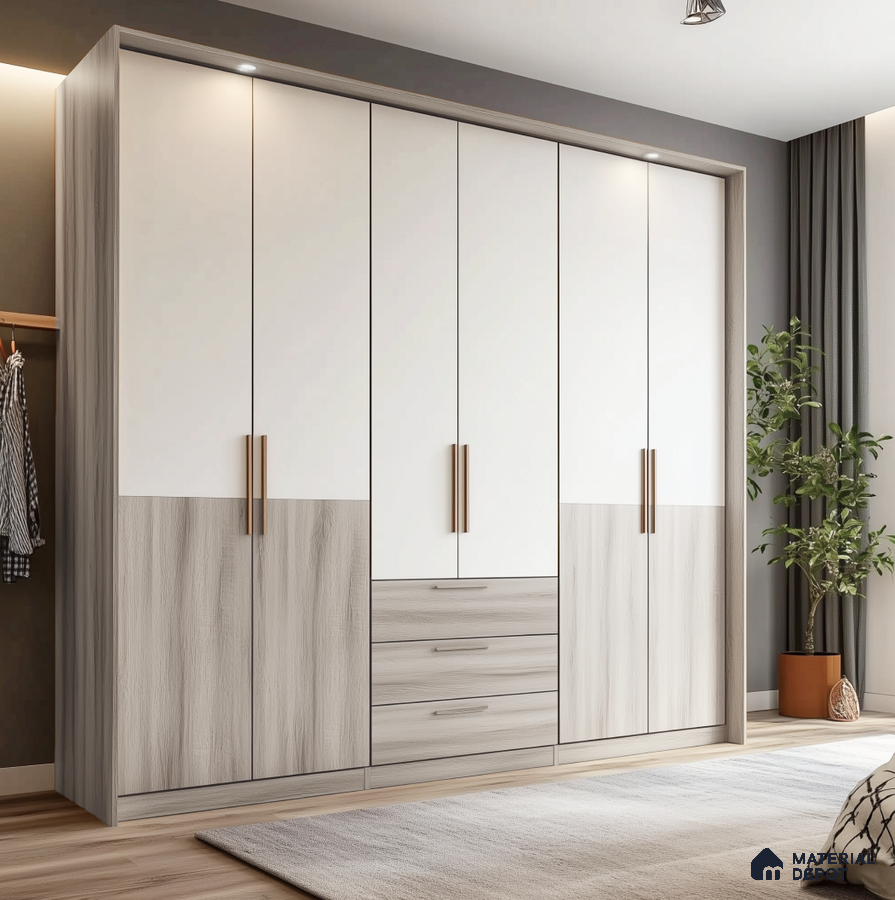 Elegant Two-Tone Wooden Laminate Wardrobe for Modern Bedroom | Material Depot